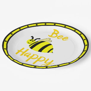 Plato De Papel Bee Happy Yellow Bumble Bee