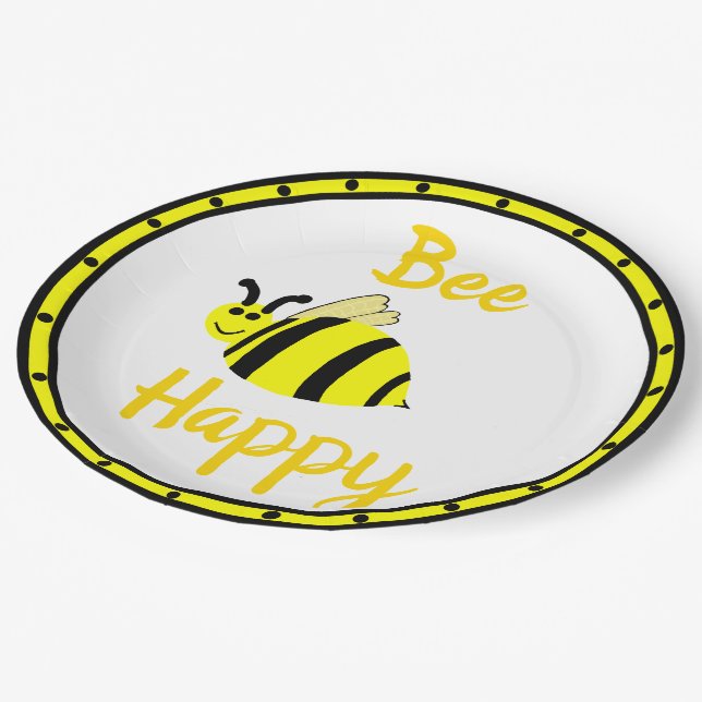 Plato De Papel Bee Happy Yellow Bumble Bee (Angular)