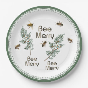 Plato De Papel Bee Merry Christmas Evergreen Holiday Party Plate