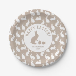 Plato De Papel Beige And White Bunny Pattern Happy Easter
