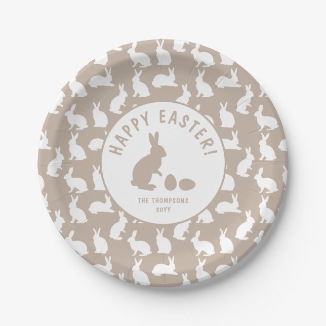 Plato De Papel Beige And White Bunny Pattern Happy Easter (Anverso)