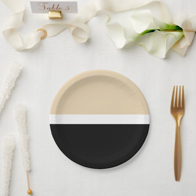 Plato De Papel Beige Black Abstract Stripe (Boda)