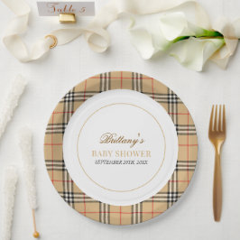 Plato De Papel Beige Check Plaid Baby Shower