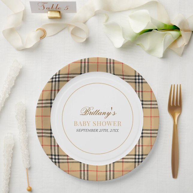 Plato De Papel Beige Check Plaid Baby Shower (Boda)