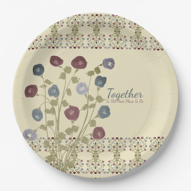 Plato De Papel Beige Con Floral Azul (Anverso)