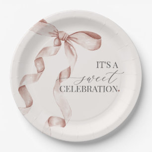 Plato De Papel Beige Coquette Bow Chica Birthday Shower Decoració
