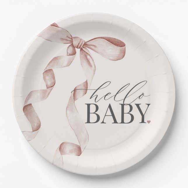 Plato De Papel Beige Coquette Bow Chica Decoración Baby Shower (Anverso)