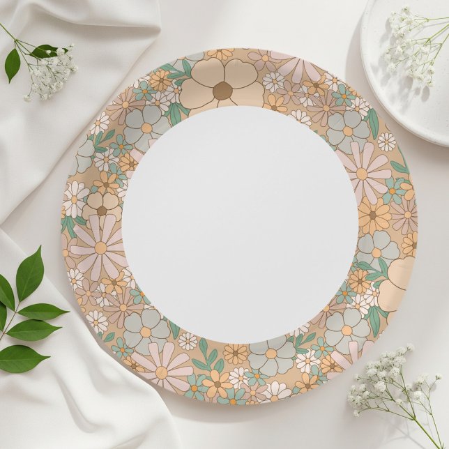 Plato De Papel Beige floral paper plates, Neutral party supplies (Subido por el creador)