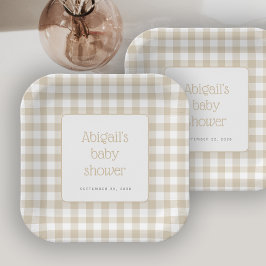 Plato De Papel Beige Gingham Check Rustic Baby Shower