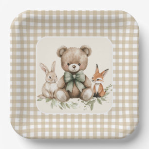 Plato De Papel Beige Gingham Woodland Animales Baby Shower Plates