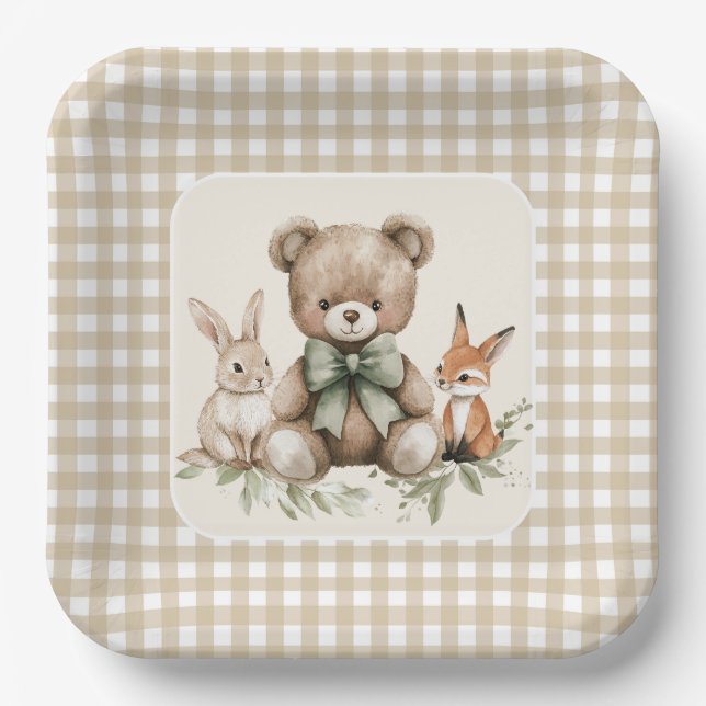 Plato De Papel Beige Gingham Woodland Animales Baby Shower Plates (Anverso)