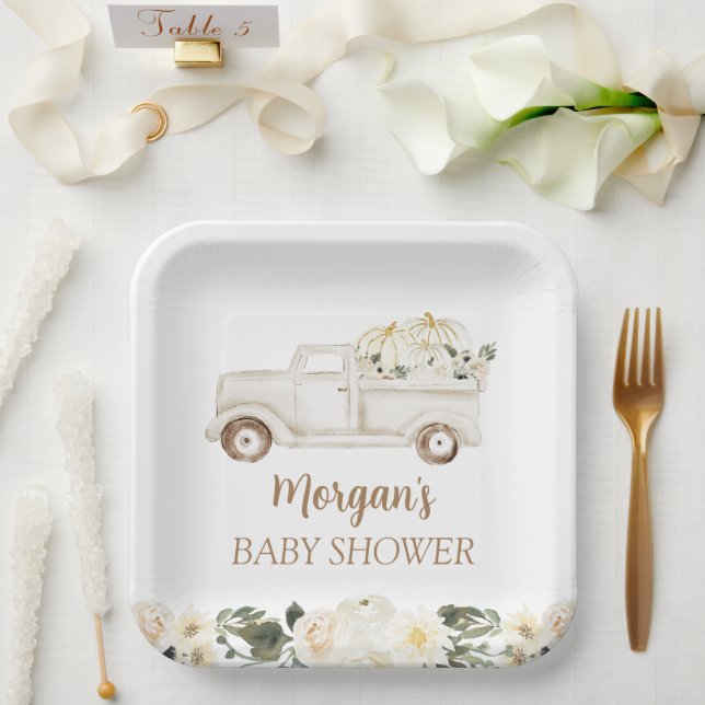 Plato De Papel Beige Neutral Pequeña Calabaza Cuta Baby Shower (Boda)