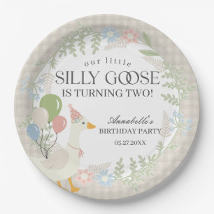 Plato De Papel Beige Silly Goose Floral Gingham Cumpleaños