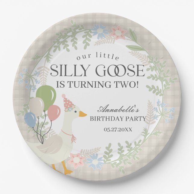 Plato De Papel Beige Silly Goose Floral Gingham Cumpleaños (Anverso)