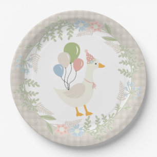 Plato De Papel Beige Silly Goose Floral Gingham Fiesta