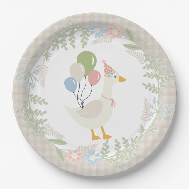 Plato De Papel Beige Silly Goose Floral Gingham Fiesta (Anverso)