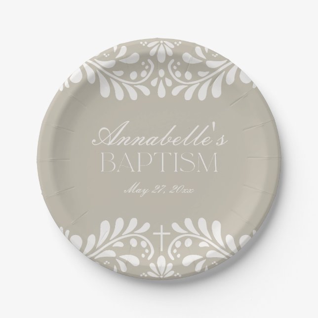 Plato De Papel Beige Talavera Tile Español Fiesta Baptismo (Anverso)