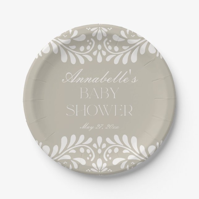 Plato De Papel Beige Talavera Tile Spanish Fiesta Baby Shower (Anverso)