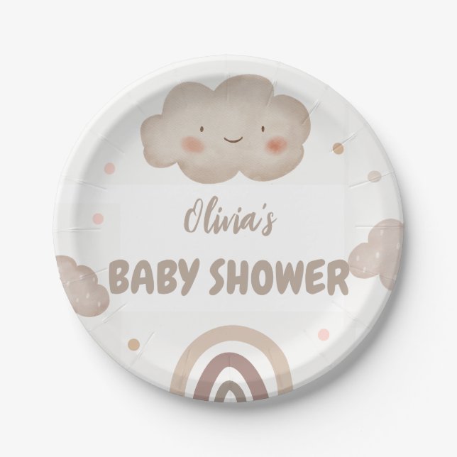 Plato De Papel Beige Watercolor Baby Shower (Anverso)