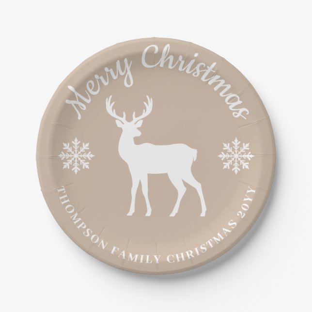 Plato De Papel Beige White Deer And Snowflakes Christmas Party (Anverso)