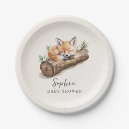 Plato De Papel Beige Woodland Fox Baby Shower Paper Plate