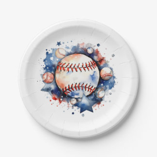 Plato De Papel Béisbol azul y rojo