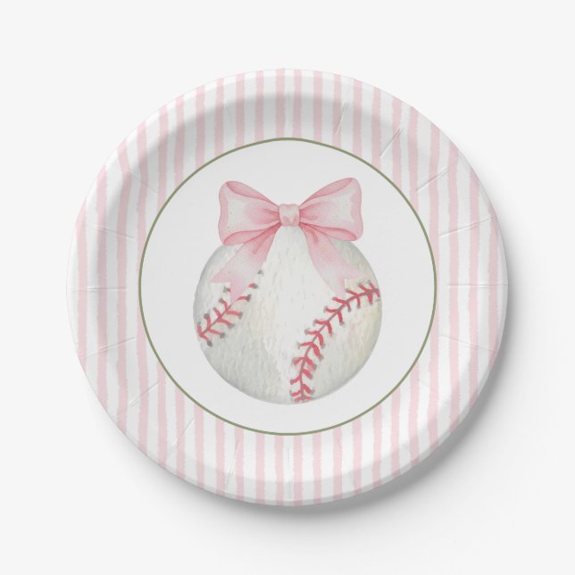 Plato De Papel Béisbol de franja rosa  (Anverso)