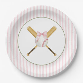 Plato De Papel Béisbol de franja rosa 