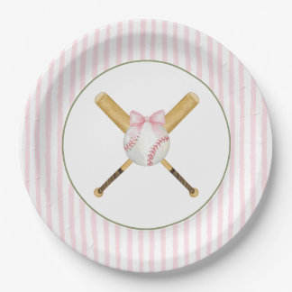 Plato De Papel Béisbol de franja rosa