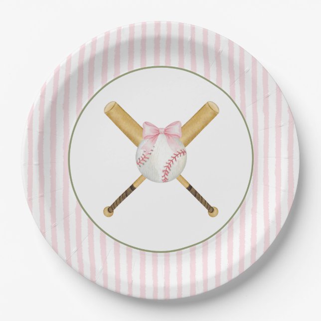 Plato De Papel Béisbol de franja rosa  (Anverso)