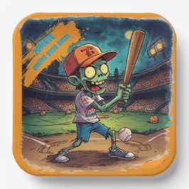 Plato De Papel Béisbol de Halloween, Zombie,Cerebros Sobre Bases