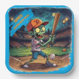 Plato De Papel Béisbol de Halloween, Zombie,Cerebros Sobre Bases