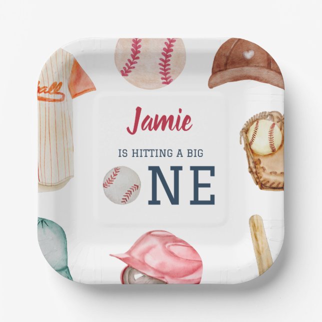 Plato De Papel Béisbol Gran Un Niño Primer Cumpleaños (Anverso)