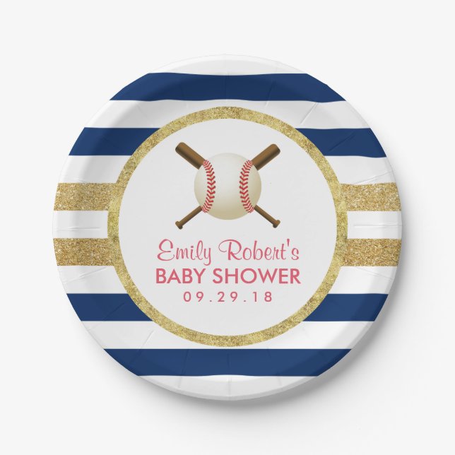 Plato De Papel Béisbol Navy Blue & Gold Stripes Baby Shower (Anverso)