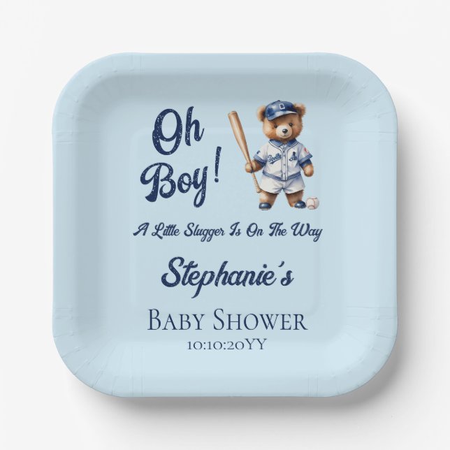 Plato De Papel Béisbol Oh Boy Baby Shower Cuear Bear (Anverso)