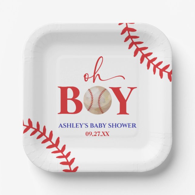Plato De Papel Béisbol Oh Boy Brown White Baby Shower (Anverso)