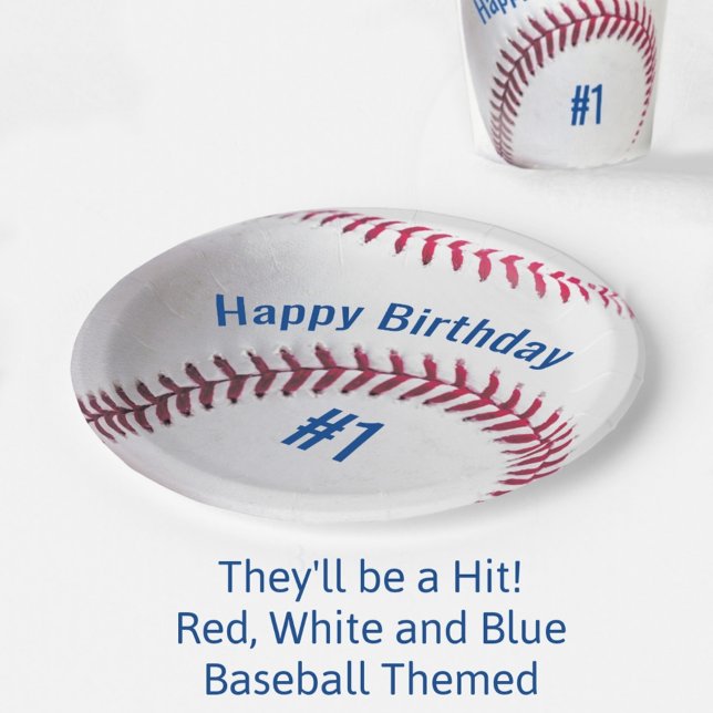 Plato De Papel Béisbol rojo blanco y azul con nombre y edad (Subido por el creador)