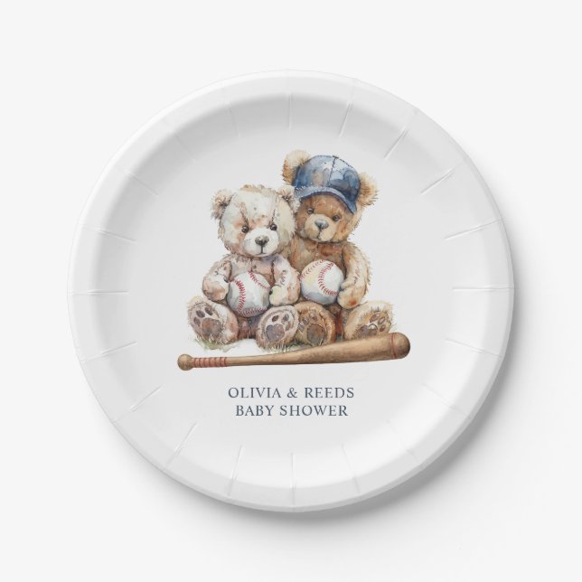 Plato De Papel Béisbol Teddy Bears Twins Baby Shower (Anverso)