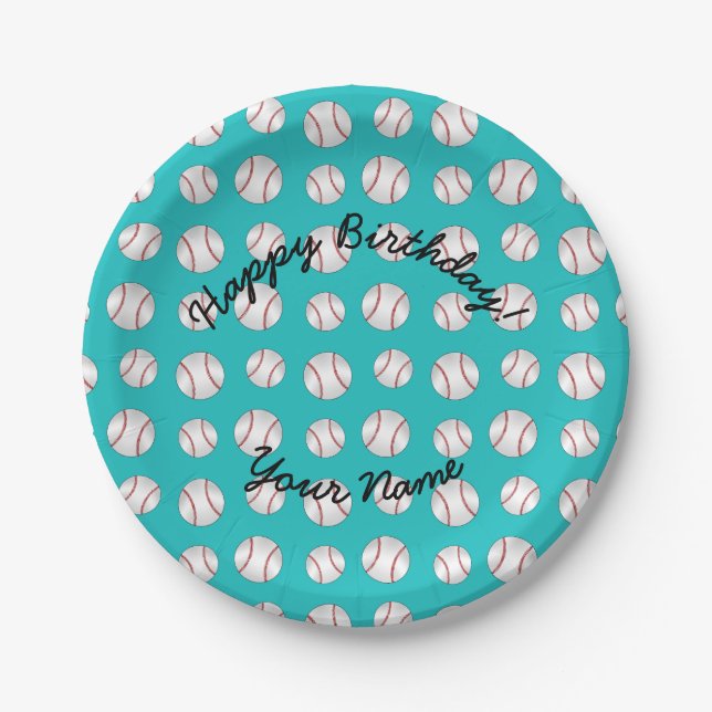 Plato De Papel Béisbol turquesa feliz cumpleaños (Anverso)