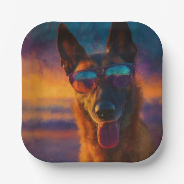 Plato De Papel Belgian Malinois Wearing Sunglasses (Anverso)