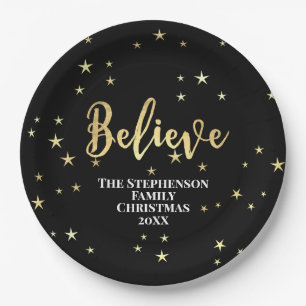 Plato De Papel Believe Gold Stars Navidades