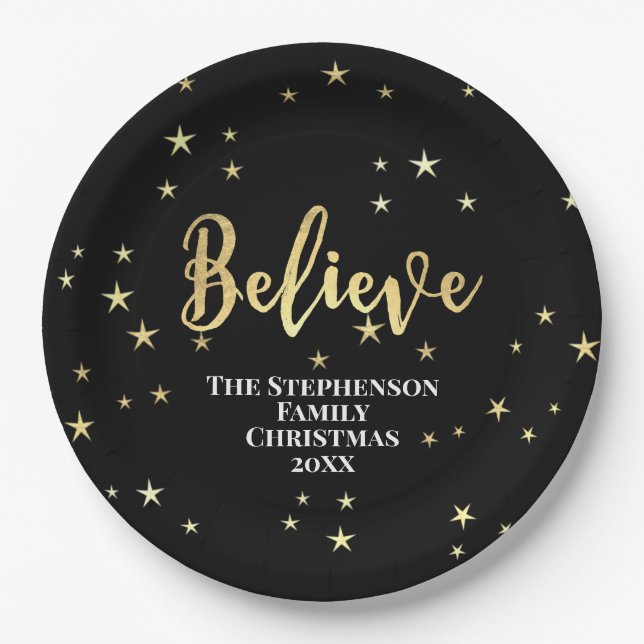 Plato De Papel Believe Gold Stars Navidades (Anverso)