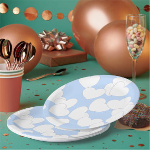 Plato De Papel Bella Luz Azul Con Grandes Corazones Blancos