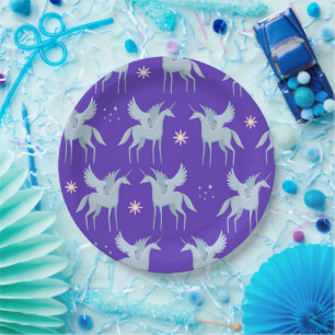 Plato De Papel Belleza celeste pegasus azul en fondo morado