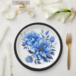 Plato De Papel Belleza floral azul y blanca