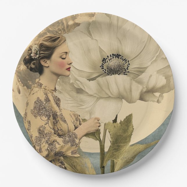 Plato De Papel Belleza iluminada por la luna - Mujer con flores b (Anverso)