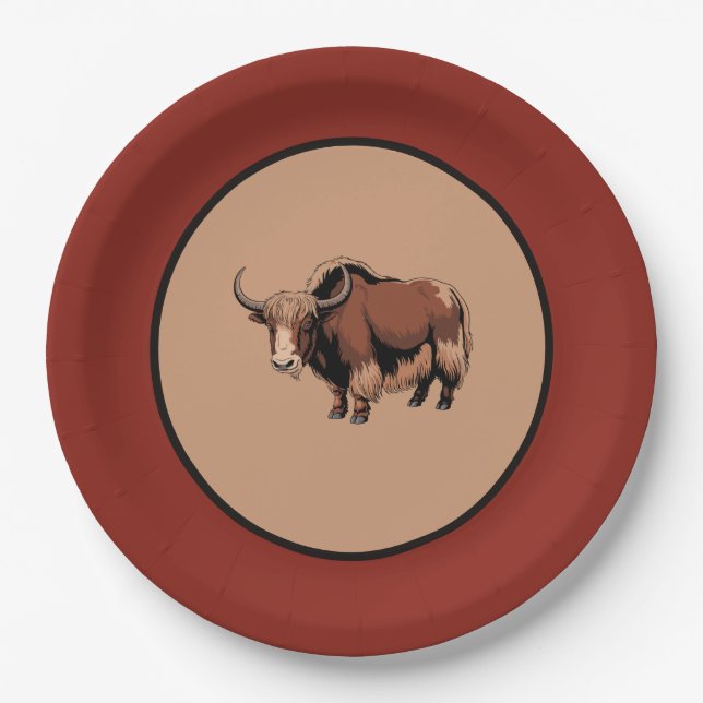 Plato De Papel Bello y adorable yak marrón  (Anverso)