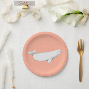 Plato De Papel Beluga Ilustracion de ballena dorado puntos de cor