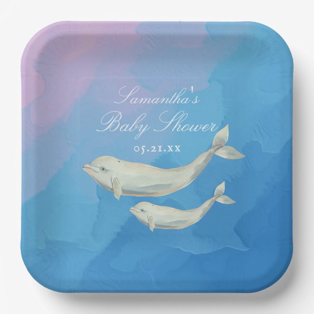Plato De Papel Beluga Whale Mom y Calf Baby Shower (Anverso)