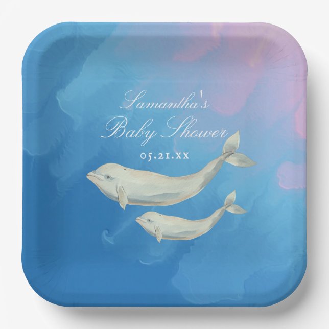 Plato De Papel Beluga Whale Mom y Calf Baby Shower (Anverso)